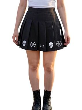 BODY RAGE Black Pleated Mini Skirt Occult Mystic Goth Skulls Festival Sz Large